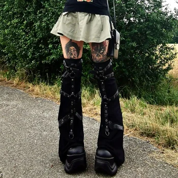 Žena je Šik grejača za Noge Srednjoj Koljeno Crni Metal Vezao Čarapu Propalice Gotski Kawaii Y2K Čizmu Čarape Streetwear