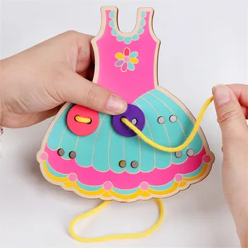 Drveni Montesoni DIY Ručno Nositi Šivanje Dugme Perle Omču Uvlačiti Odbor Igracke za Devojcice Djecu Rano Učenje Materijala