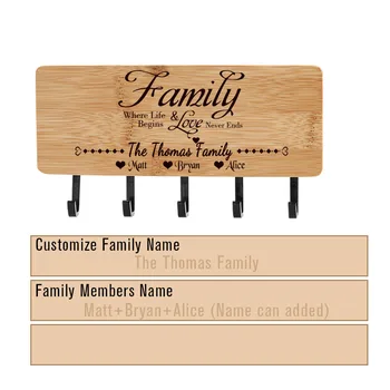 Pretvarati Ugravirano Porodično Ime Bambus Ključ Vlasnici Lični Wall-Montirane Keychains Sitnice Skladište Visi Hooks Rack