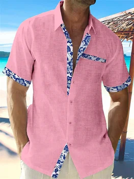 Mode ljudi je Havajski posteljini majicu ljudi je opuštena čvrst boja odštampao plaži džepu majicu kratkih rukava plus veličine 5XL novi 5 boje.