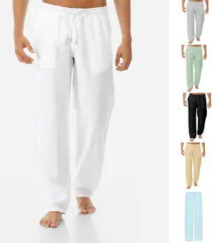 Ljeto novi jednostavan način ljudi je cotton 2023 posteljini pantalone čipke pravo pantalone čvrst boja opušteno ljudi hlače