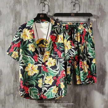 Ljudi je 2 Dijelove Havajske Košulje +Plaži Šorc Mens Opušteno Streetwear 2023 Ljeto Cvetne Slobodi Kratki Rukav Praznik Odijela Muški