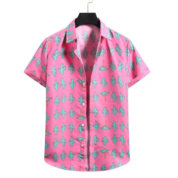 Roze Cvetne Havajskoj Košulji Ljudi Chemise Homme 2022 Ljeto Novi Kratki Rukav Plaži Aloha Košulje Ljudi Opušteno zakopčaj Majicu Muškarac XXL
