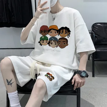 Korejski Mode Streetwear Hip Hop Opušteno Kratak Odelo Ljudi Animaciju Reper Majice Šorc 2 Komad Set Ljeto Trenerku odjeću Za Muškarce