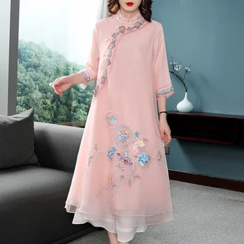 Novi Kineski Haljinu Qipao Žene Hanfu Eleganti Vez Cheongsam Tradicionalne Ogrtač Orientale Vestido Chino Ženo Roze 2022