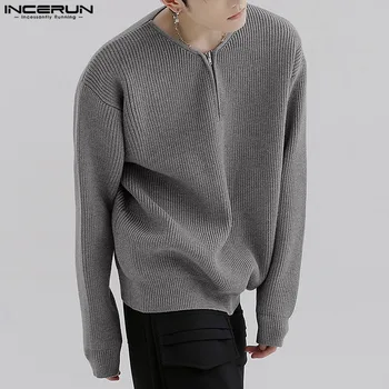 Korejski Stil Opušteno Jednostavno Stil Najviše INCERUN Ljudi Opušteno Sve utakmice Džemper Modnu Zabavu Vruće Prodaju Čvrst Polu-zip Pullovers S-5XL