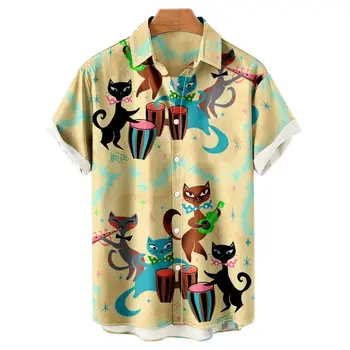Ljudi je Havajske Košulje Visokog Kvaliteta Ljeto Životinja Smiješno Mačke Kratki Rukav Reveru Prevelike Dugme Plaži Bluzu Ljudi Berba Košulje
