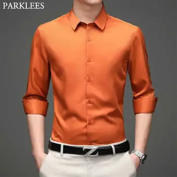Narandžasta Superfine Tkanine Majicu Ljudi 2021 Potpuno Novi Elastično Slim Stati Dugi Rukav Mens Košulje u Ne-gvozdeni Opušteno Formalni Chemise
