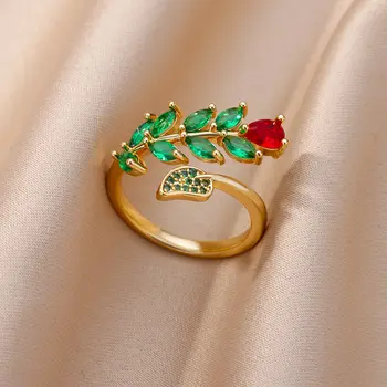Cirkon Zelene Rose Cvijet Prstenje Za Žene Nerđajućeg Čelika Prilagodljiva Ostavlja Prsten Korejski Mode Venčanje Estetske Jewerly Dar