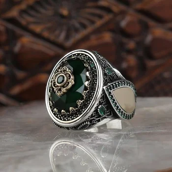 Vintage Ruku Ugravirano Obrazac turski Pečatni Prsten za Muškarce Mode Set Zelenog Kamena Pečat Islamski Muslimana Jewelryes
