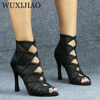 WUXIJIAO Dame crni mreža antilop mode krst remen seksi štiklom sandale udobno latino plesa cipele salsa cipele