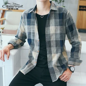 Ljudi je Kariranom Duge rukave korejski Mode Džemper Majicu Mens Slim Stati Stajati Ogrlicu Dugme Majice I Bluza